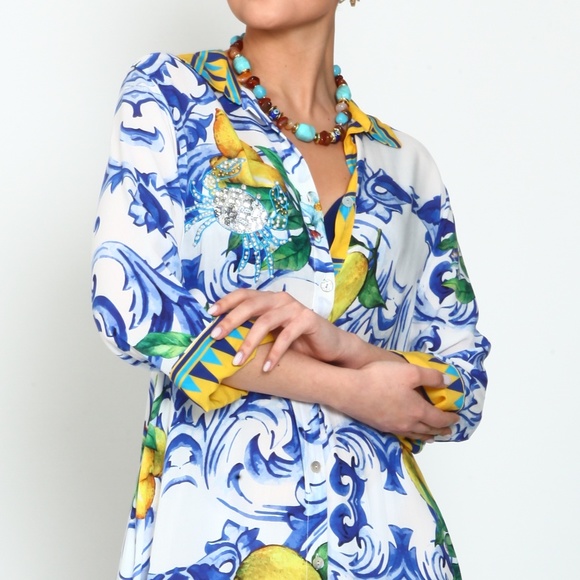 NWT Floral Lemon Pattern Viscose Button Down Silk Maxi Summer Dress Women - Picture 5 of 7